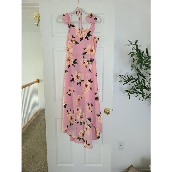 J.O.A Hi-Low Overlapping Maxi Dress Women's Small Pink Floral Printed Sleeveless - Picture 2 of 5